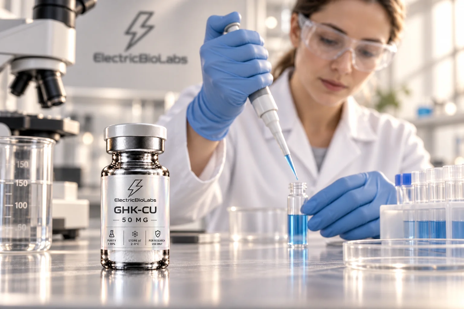AI-generated illustration of a scientist working at a lab bench beside an ElectricBioLabs vial